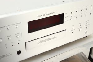 Close up view of a used Krell SACD Standard CD Player in Silver finish showing the display