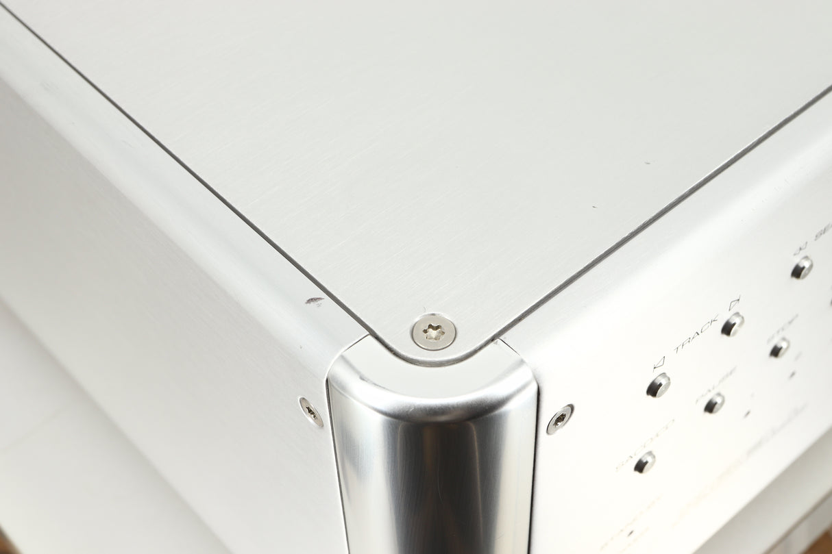 Close up view of a used Krell SACD Standard CD Player in Silver finish showing some marks