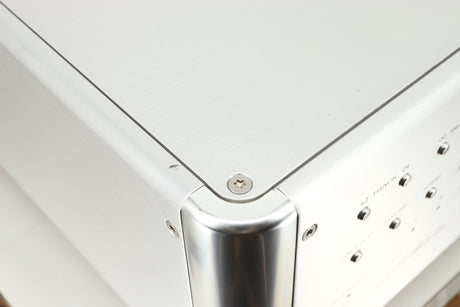 Close up view of a used Krell SACD Standard CD Player in Silver finish showing some marks