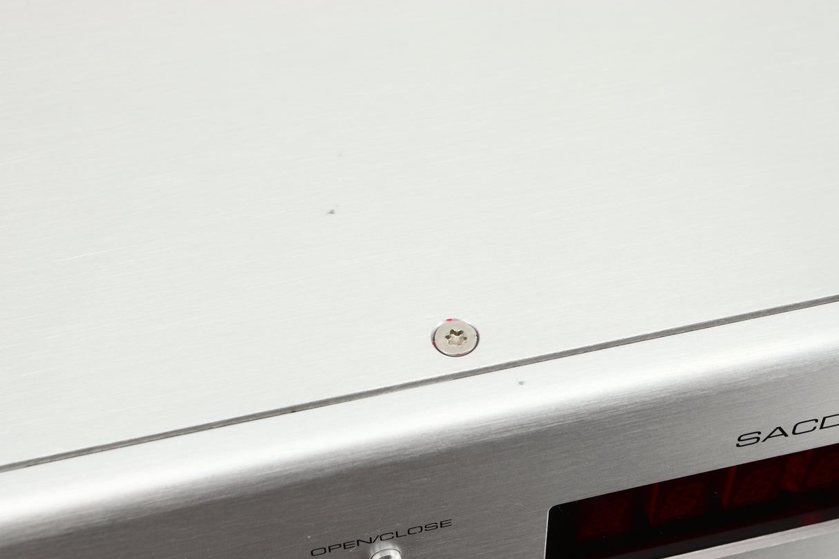 Close up view of a used Krell SACD Standard CD Player in Silver finish showing some marks