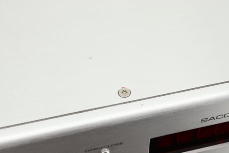 Close up view of a used Krell SACD Standard CD Player in Silver finish showing some marks
