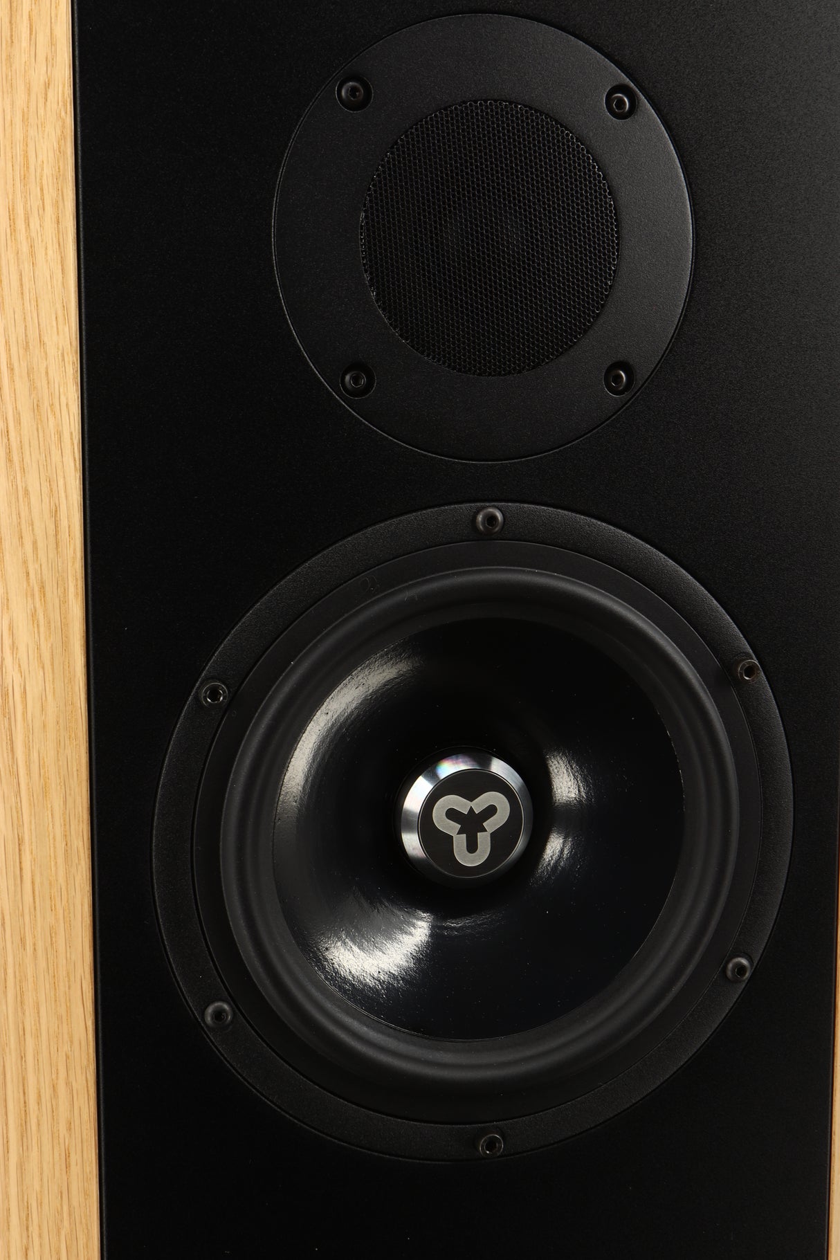 Close up view of a used Kudos Titan 505 Standmount Speaker in Oak finish