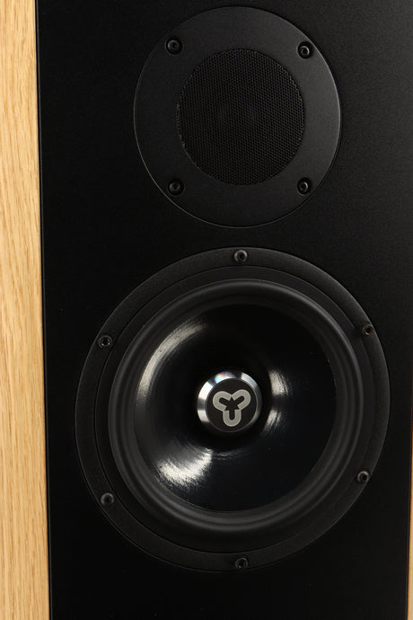 Close up view of a used Kudos Titan 505 Standmount Speaker in Oak finish