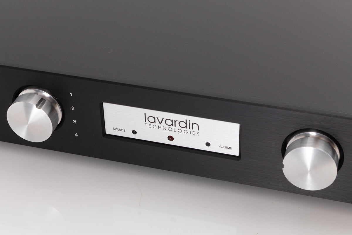 Close up of a used Lavardin ISX Integrated Amplifier W/ Remote in a Black finish showing fascia