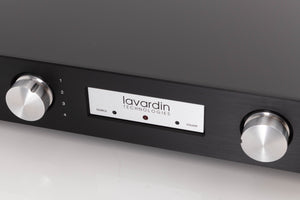Close up of a used Lavardin ISX Integrated Amplifier W/ Remote in a Black finish showing fascia