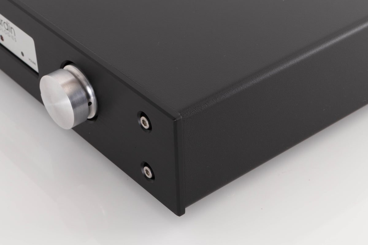 Front right corner of a used Lavardin ISX Integrated Amplifier W/ Remote in a Black finish