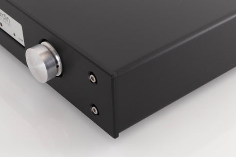Front right corner of a used Lavardin ISX Integrated Amplifier W/ Remote in a Black finish