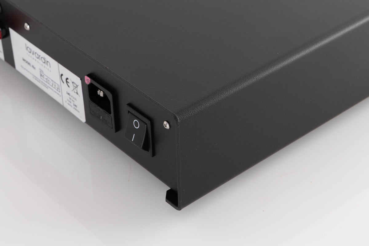 Rear left corner of a used Lavardin ISX Integrated Amplifier W/ Remote in a Black finish