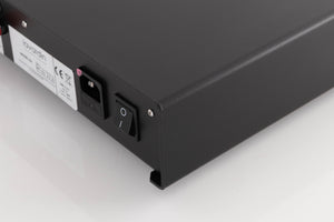 Rear left corner of a used Lavardin ISX Integrated Amplifier W/ Remote in a Black finish