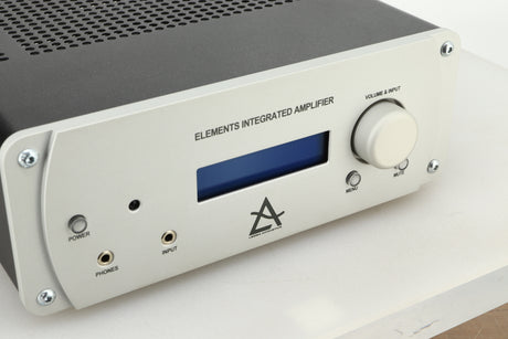View of the fascia of a used Leema Acoustics Elements Integrated Amplifier in silver finish 
