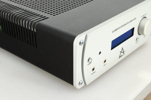 View of the front left corner of a used Leema Acoustics Elements Integrated Amplifier in silver finish 