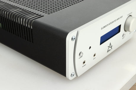 View of the front left corner of a used Leema Acoustics Elements Integrated Amplifier in silver finish 