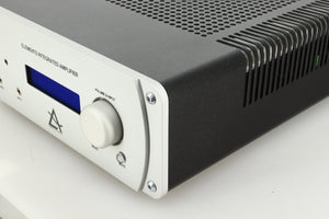 View of the front right corner of a used Leema Acoustics Elements Integrated Amplifier in silver finish 