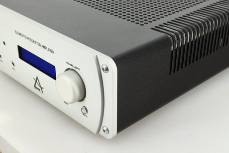 View of the front right corner of a used Leema Acoustics Elements Integrated Amplifier in silver finish 