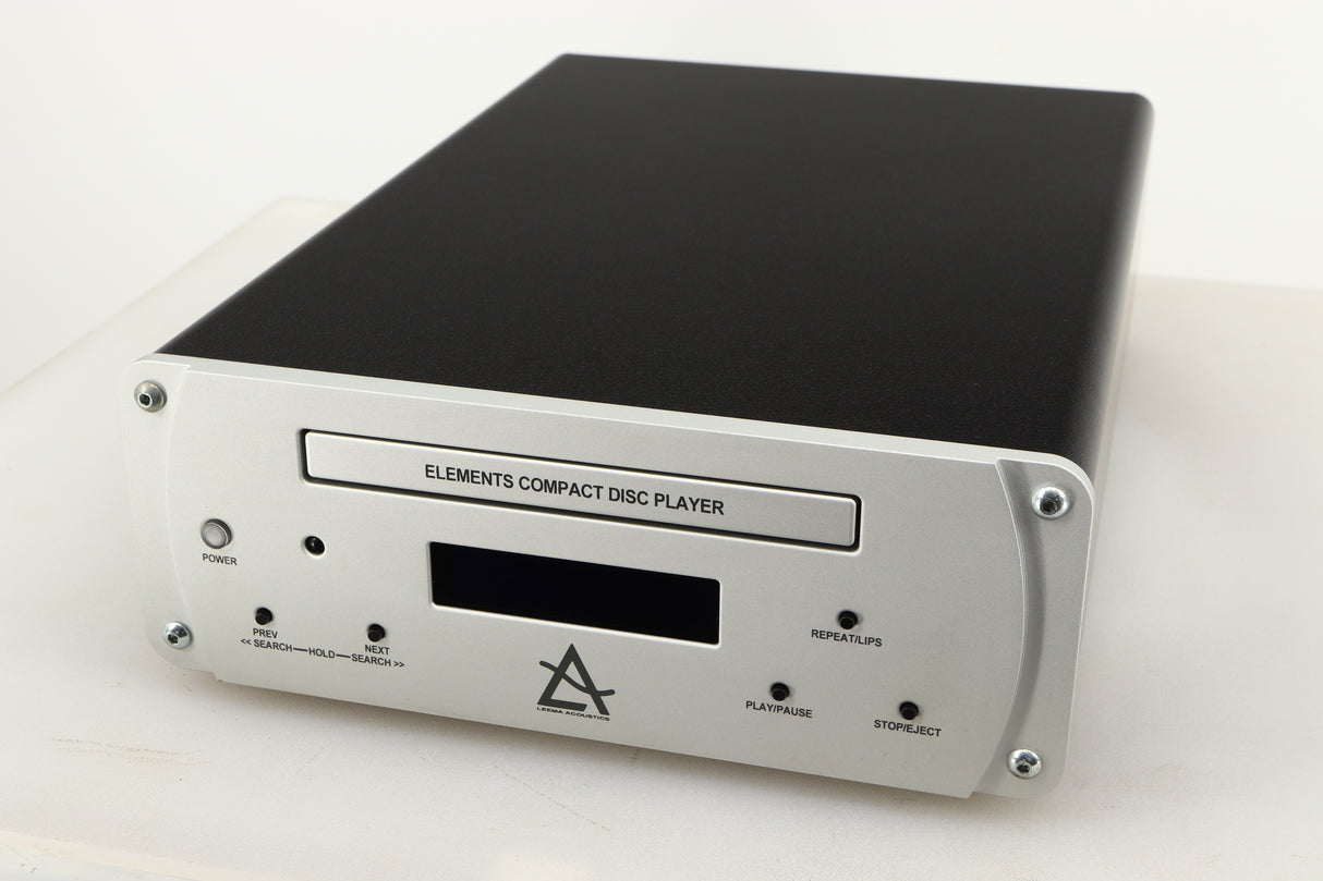 Close up of a used Leema Acoustics Elements CD Player in a silver finish showing the fascia