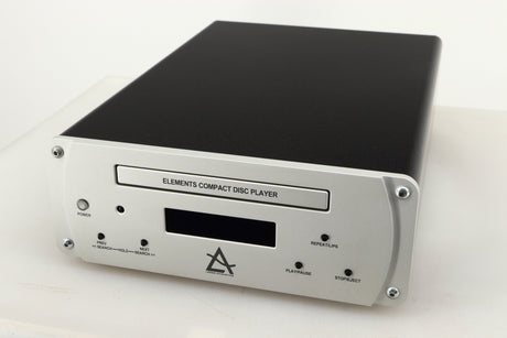 Close up of a used Leema Acoustics Elements CD Player in a silver finish showing the fascia