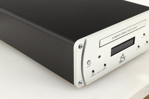 Front left corner of a used Leema Acoustics Elements CD Player in a silver finish