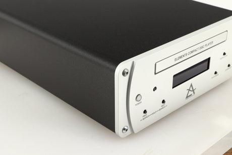 Front left corner of a used Leema Acoustics Elements CD Player in a silver finish