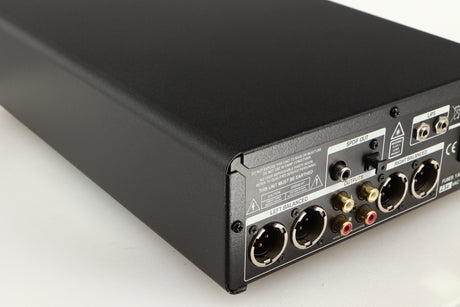 Rear right corner of a used Leema Acoustics Elements CD Player in a silver finish