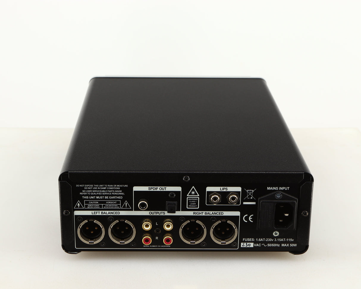 Rear view of a used Leema Acoustics Elements CD Player in a silver finish showing Mains Input and Phono Outputs