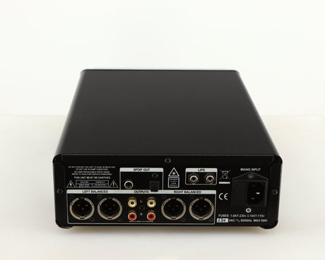 Rear view of a used Leema Acoustics Elements CD Player in a silver finish showing Mains Input and Phono Outputs