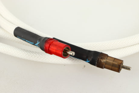 Close up of a used Leema Linx RCA-RCA Interconnect Cables 1.0m Pair showing connectors