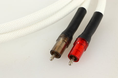 Close up of a used Leema Linx RCA-RCA Interconnect Cables 1.0m Pair showing connectors
