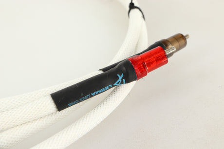 Close up of a used Leema Linx RCA-RCA Interconnect Cables 1.0m Pair showing connectors
