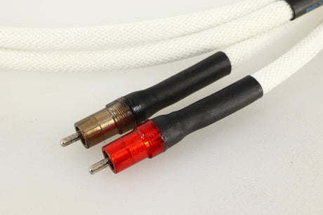 Close up of a used Leema Linx RCA-RCA Interconnect Cables 1.0m Pair showing connectors