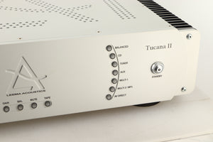 Close up view of a used Leema Tucana II Integrated Amplifier in Silver finish