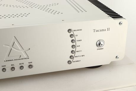 Close up view of a used Leema Tucana II Integrated Amplifier in Silver finish
