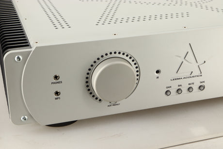 Close up view of a used Leema Tucana II Integrated Amplifier in Silver finish