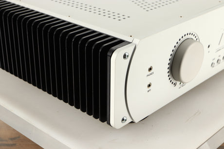 Front left corner view of a used Leema Tucana II Integrated Amplifier in Silver finish