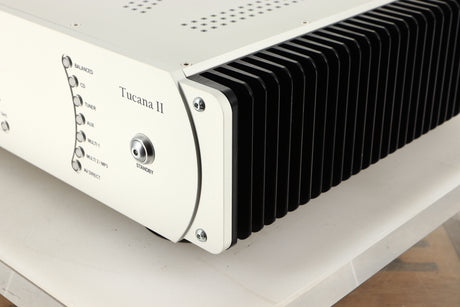 Front right corner view of a used Leema Tucana II Integrated Amplifier in Silver finish