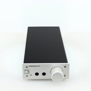Front view of a used Lehmann Black Cube Linear Headphone Amplifier in a silver finish