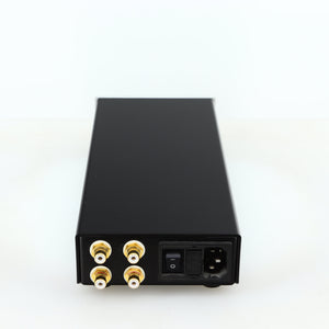 Rear view of a used Lehmann Black Cube Linear Headphone Amplifier in a silver finish showing Phono Inputs