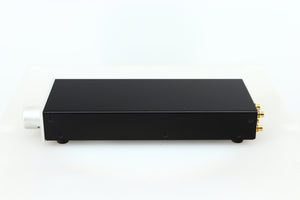 Right side view of a used Lehmann Black Cube Linear Headphone Amplifier in a silver finish