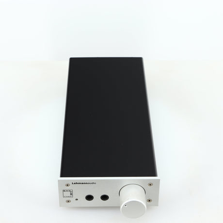 Top of a used Lehmann Black Cube Linear Headphone Amplifier in a silver finish