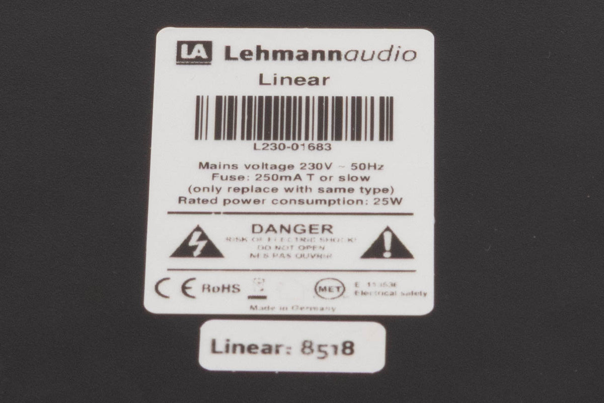 Close up of a used Lehmann Linear Headphone Amplifier in a Black finish showing serial number