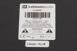 Close up of a used Lehmann Linear Headphone Amplifier in a Black finish showing serial number