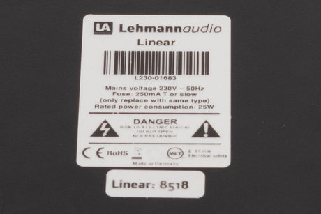 Close up of a used Lehmann Linear Headphone Amplifier in a Black finish showing serial number
