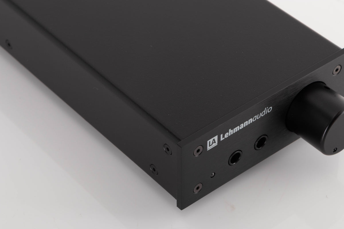 Front left corner of a used Lehmann Linear Headphone Amplifier in a Black finish