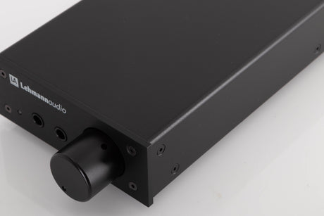 Front right corner of a used Lehmann Linear Headphone Amplifier in a Black finish