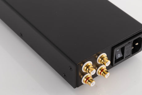 Rear right corner of a used Lehmann Linear Headphone Amplifier in a Black finish