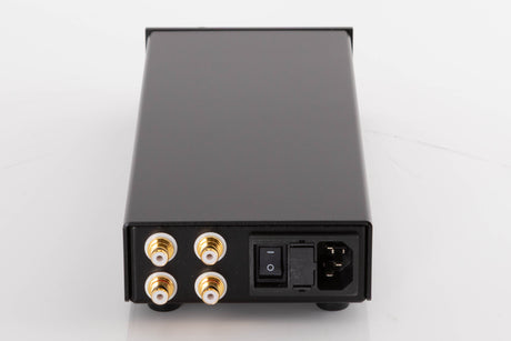 Rear view of a used Lehmann Linear Headphone Amplifier in a Black finish showing Mains Input