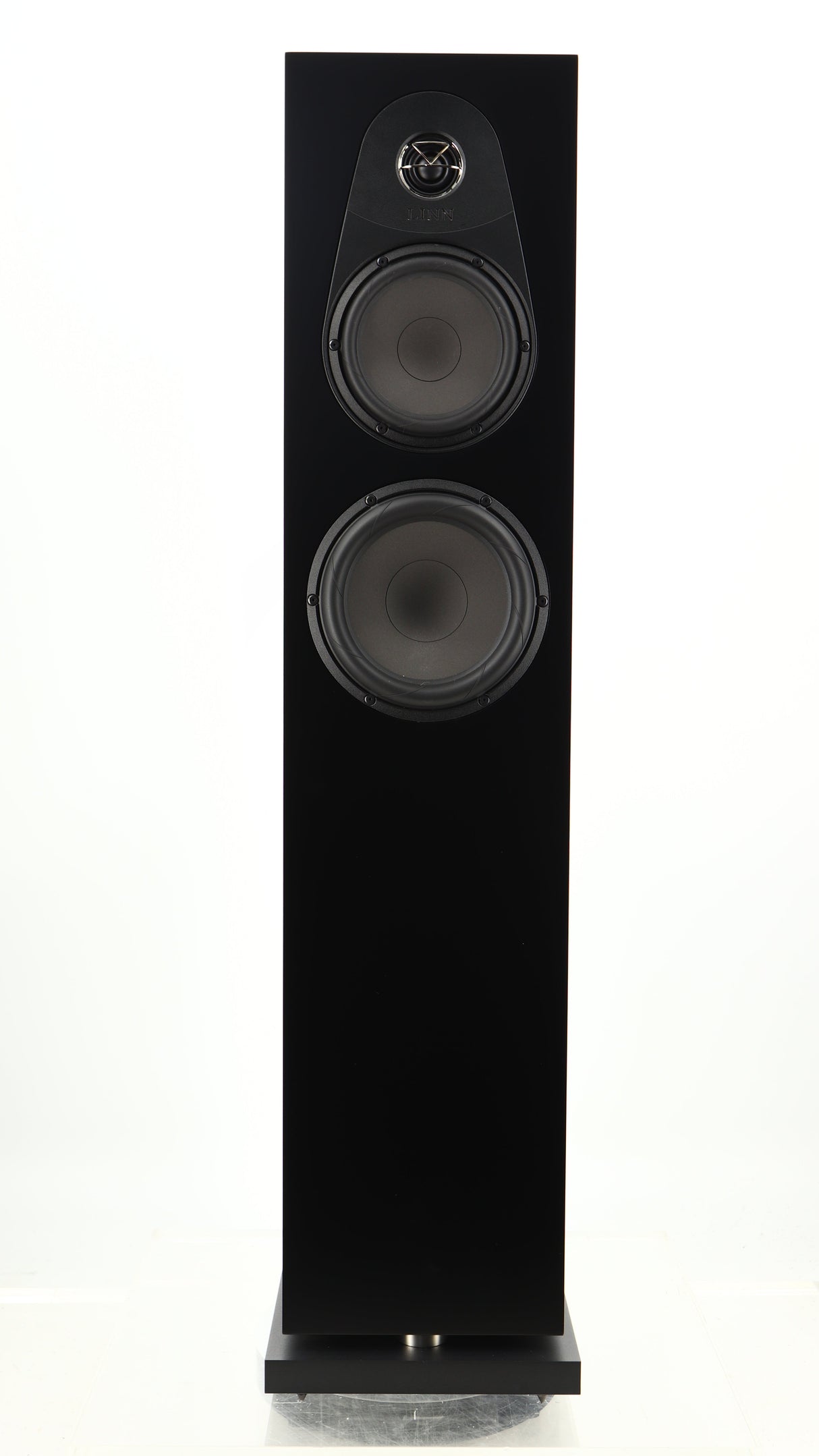 Front view of a used Linn 150 Floorstanding Speaker W/ Upgraded Bases in a black finish