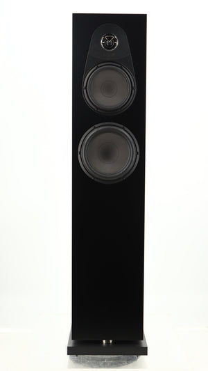 Front view of a used Linn 150 Floorstanding Speaker W/ Upgraded Bases in a black finish