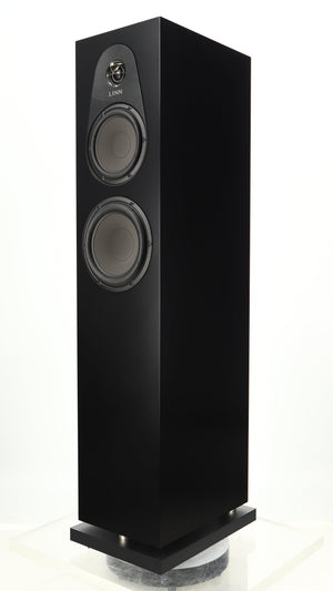 Front right corner of a used Linn 150 Floorstanding Speaker W/ Upgraded Bases in a black finish
