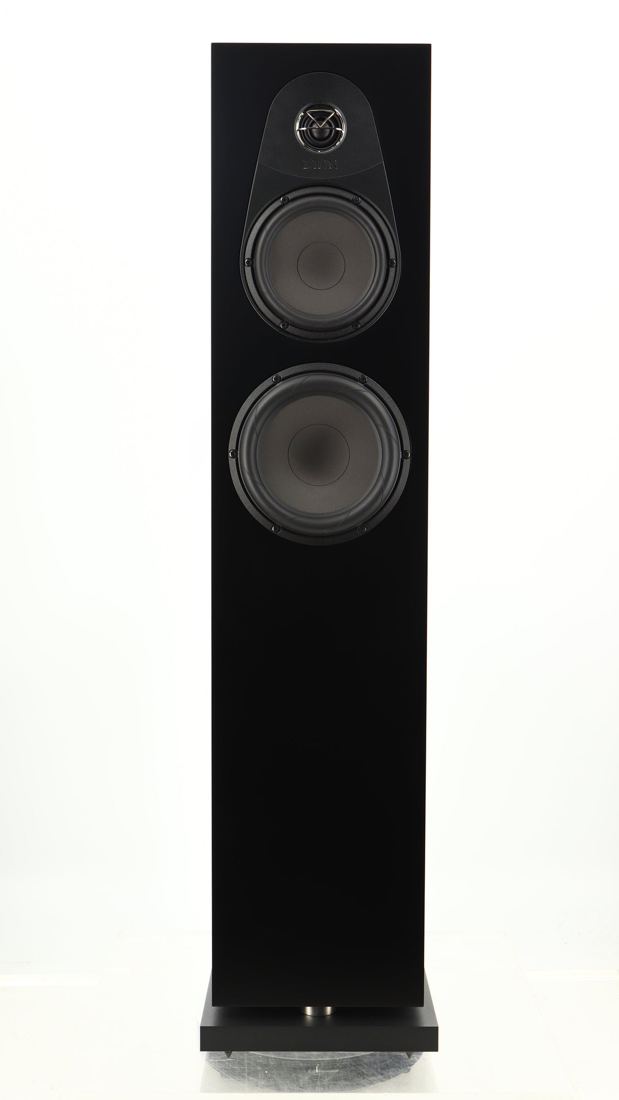 Front view of a used Linn 150 Floorstanding Speaker W/ Upgraded Bases in a black finish