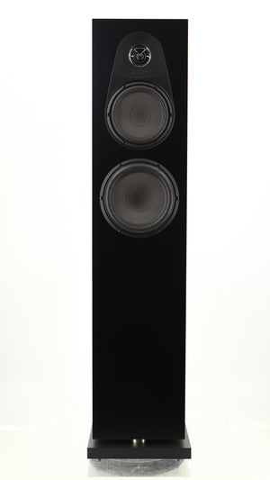 Front view of a used Linn 150 Floorstanding Speaker W/ Upgraded Bases in a black finish